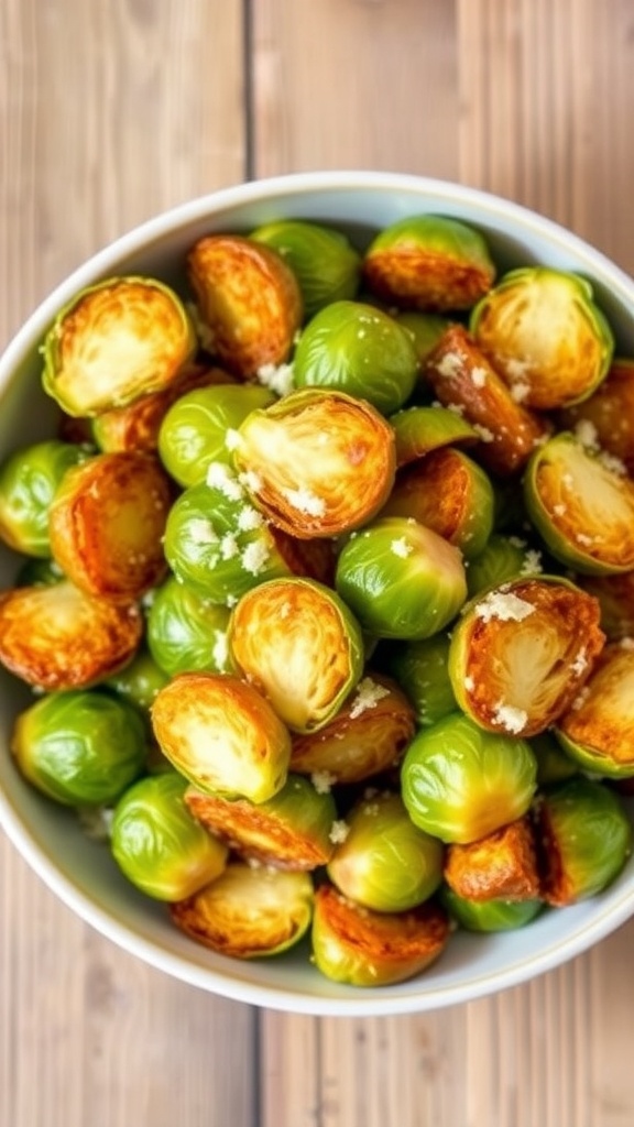 Crispy Air Fryer Brussels Sprouts Recipe Crispy air fryer Brussels sprouts garnished with Parmesan cheese in a bowl on a wooden table.